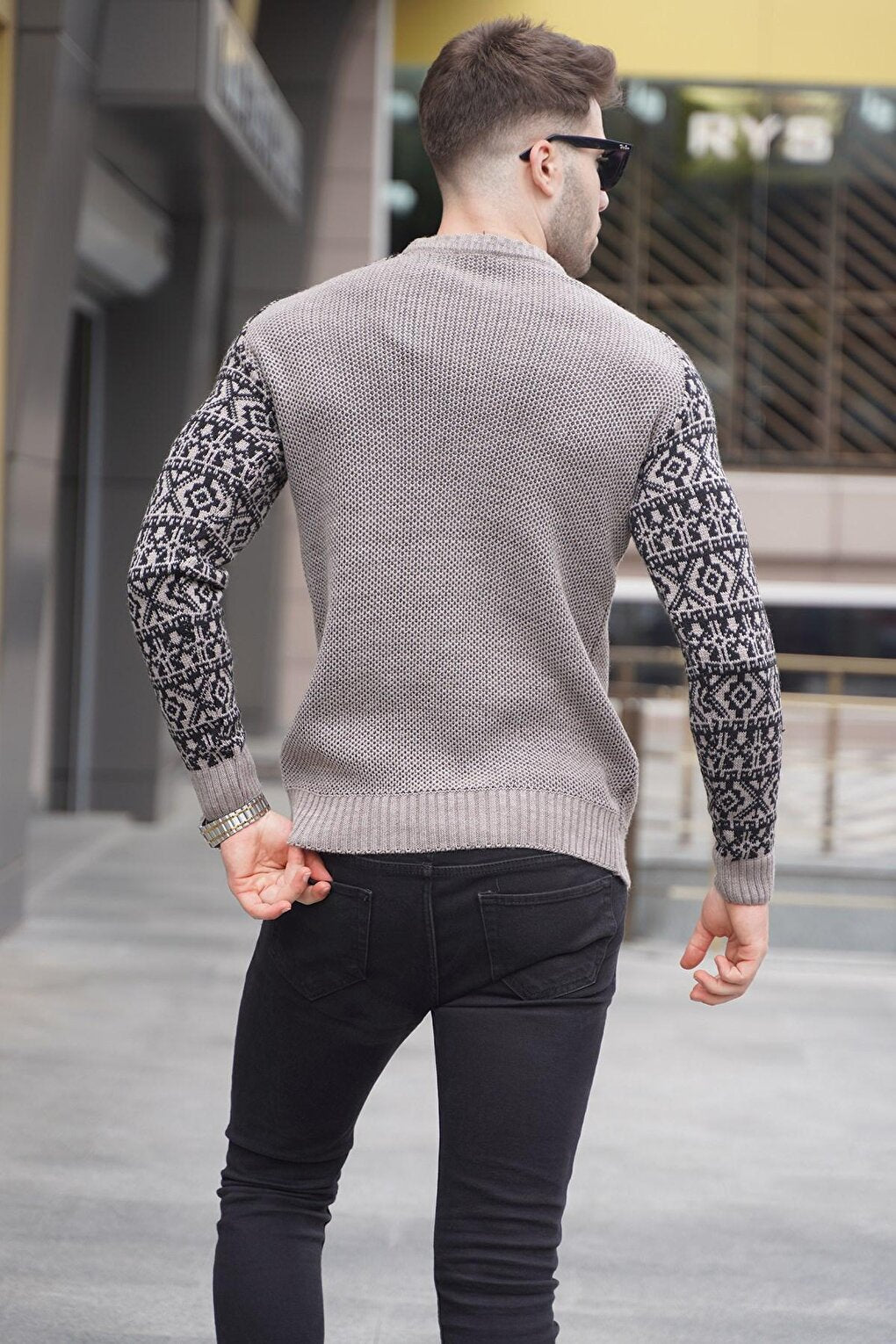 Mink Jacquard Patterned Crew Neck Knitwear Sweater 5770