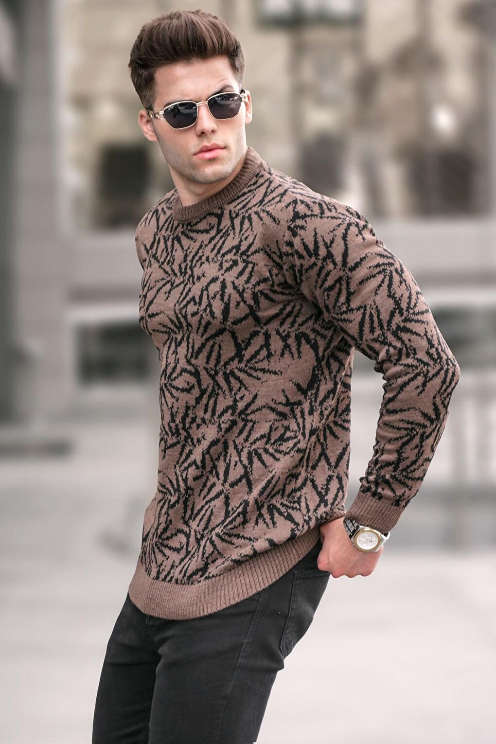 Mink Patterned Crew Neck Knitwear Sweater 5767