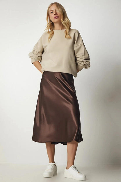 Women's Chocolate Satin Finished Midi Length Skirt with Elastic Waist Hzl23s-bd1101471