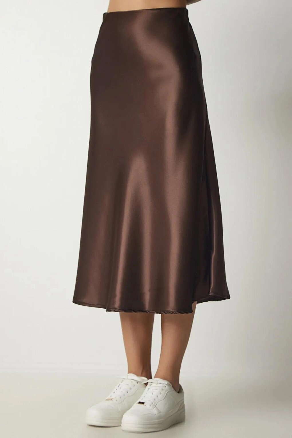 Women's Chocolate Satin Finished Midi Length Skirt with Elastic Waist Hzl23s-bd1101471