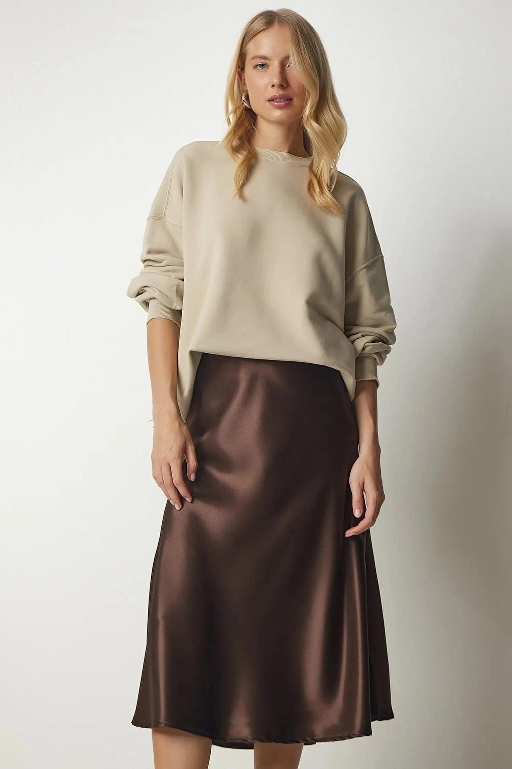 Women's Chocolate Satin Finished Midi Length Skirt with Elastic Waist Hzl23s-bd1101471