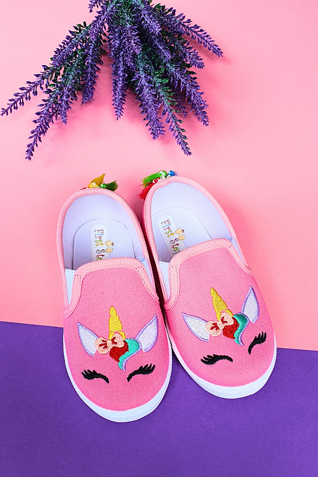 Unicorn Embroidered Children's Linen Ballerina Shoes-Pink-F-492