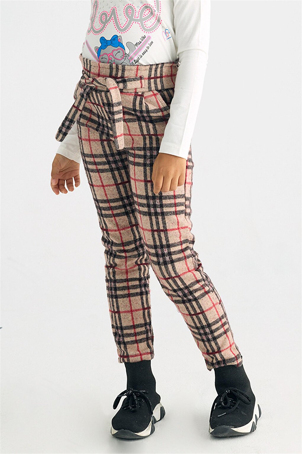 Girl's Plaid Patterned Belted Trousers