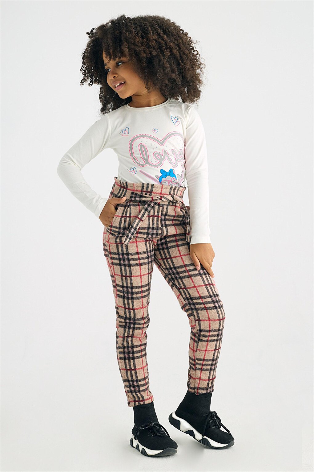 Girl's Plaid Patterned Belted Trousers