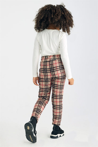 Girl's Plaid Patterned Belted Trousers