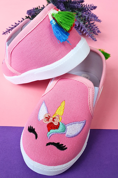 Unicorn Embroidered Children's Linen Ballerina Shoes-Pink-F-492