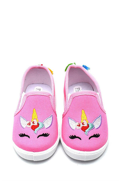 Unicorn Embroidered Children's Linen Ballerina Shoes-Pink-F-492