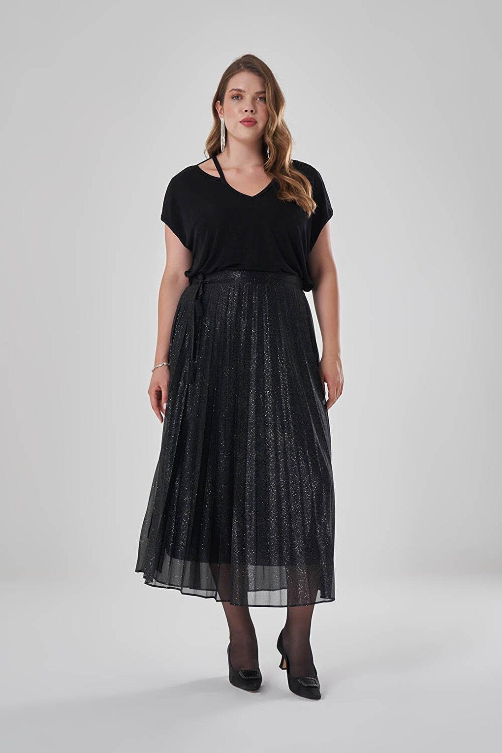 Tulle Glitter Pleated Black Skirt