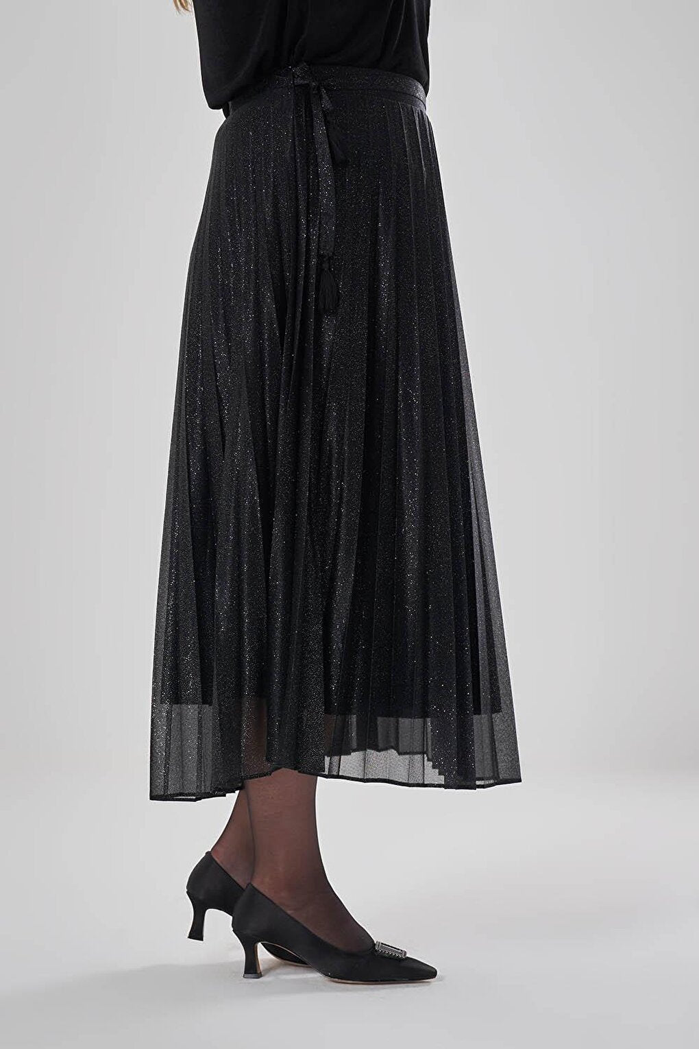 Tulle Glitter Pleated Black Skirt