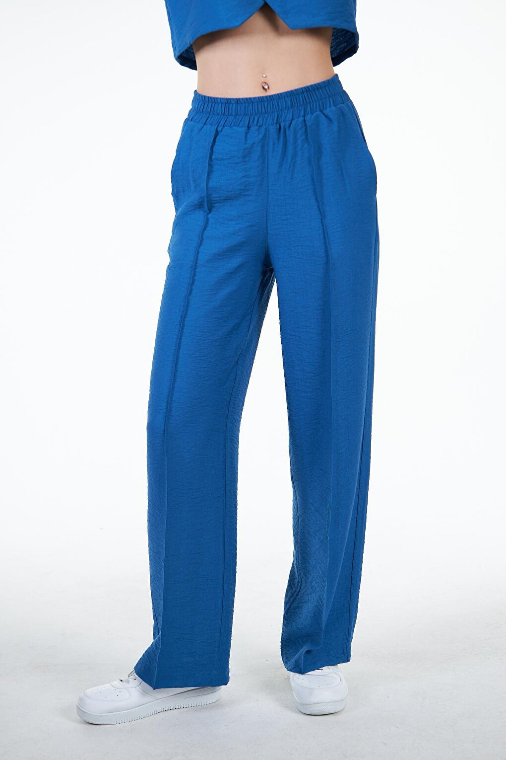 Blue Women's Linen Look Rib Detailed Loose Fit Wide Leg Trousers - Nomte