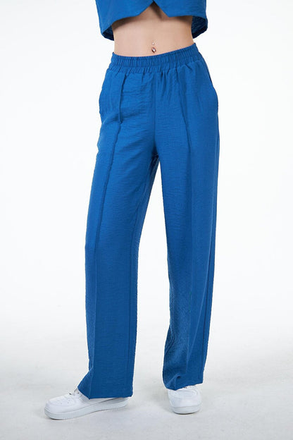 Blue Women's Linen Look Rib Detailed Loose Fit Wide Leg Trousers - Nomte