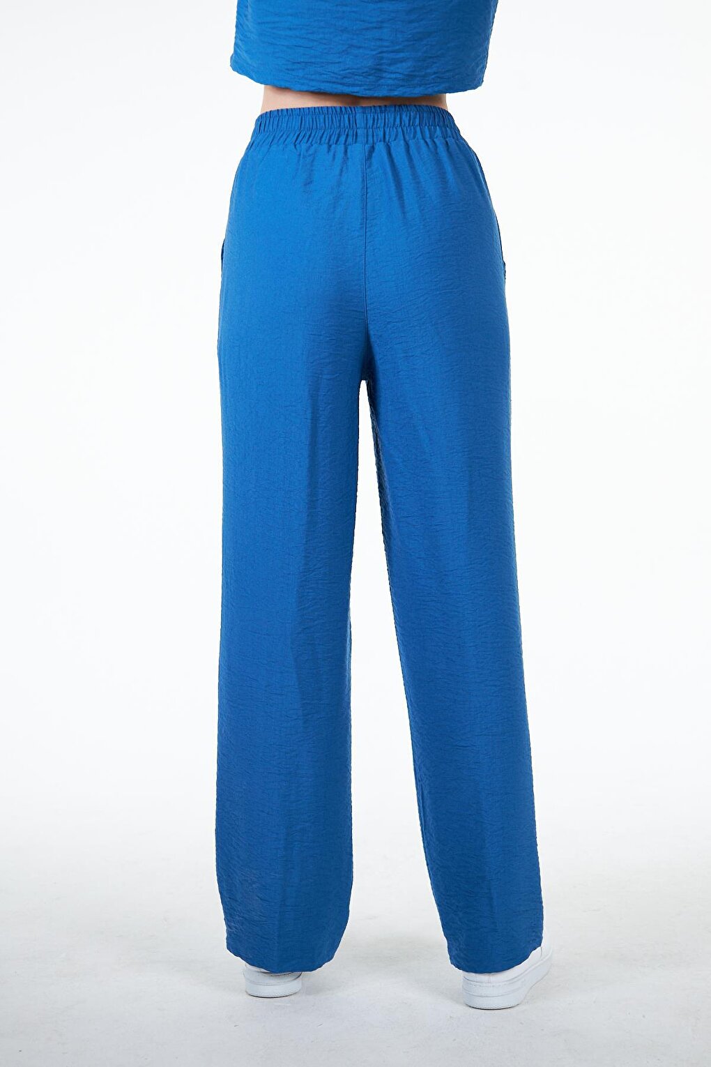 Blue Women's Linen Look Rib Detailed Loose Fit Wide Leg Trousers - Nomte