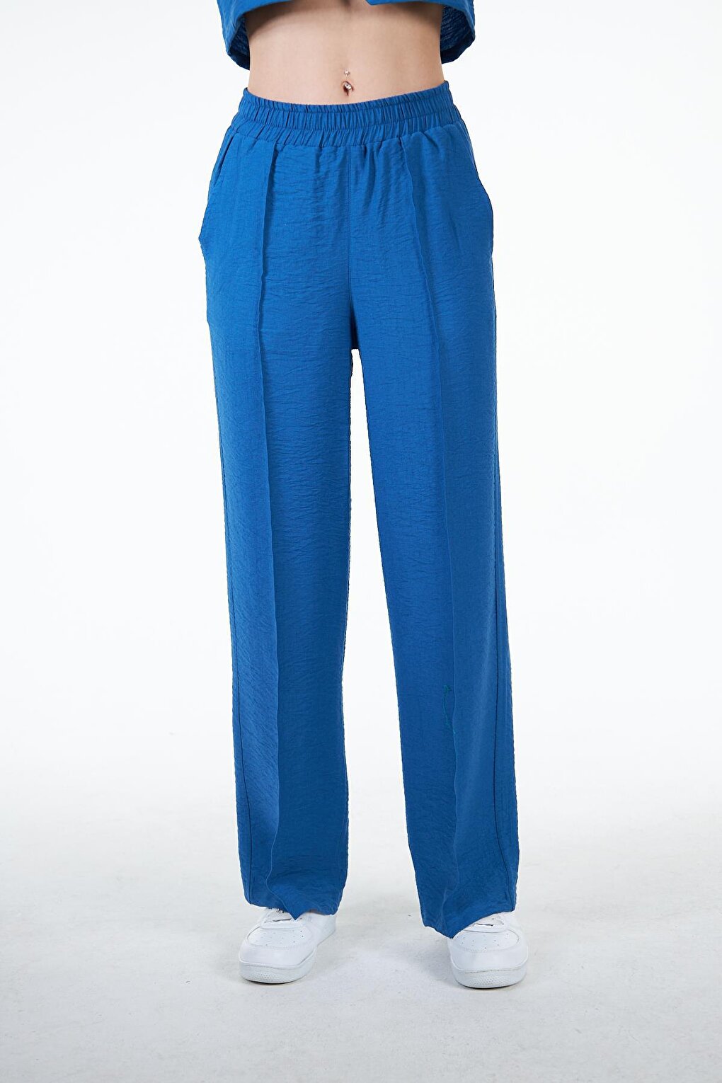 Blue Women's Linen Look Rib Detailed Loose Fit Wide Leg Trousers - Nomte