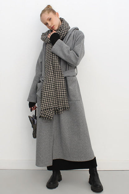 Light Gray Hooded Belted Cashew Coat