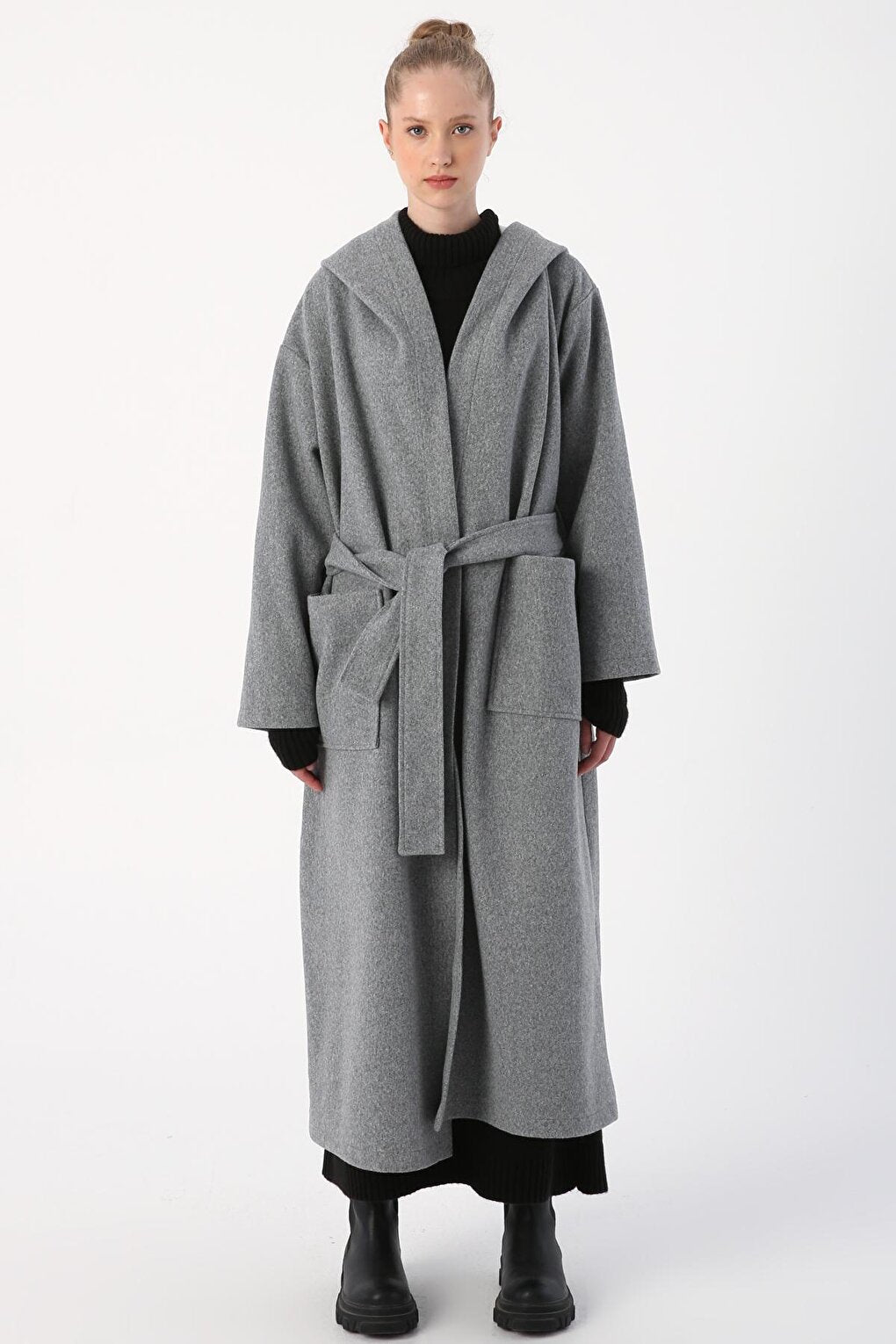 Light Gray Hooded Belted Cashew Coat