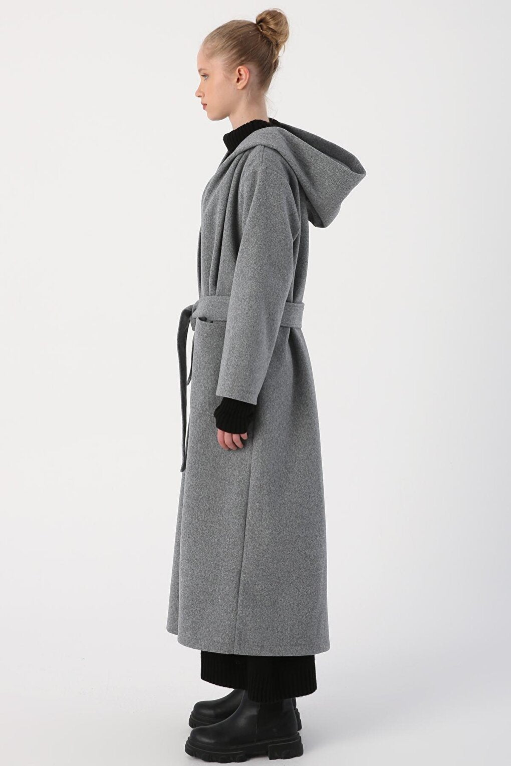 Light Gray Hooded Belted Cashew Coat