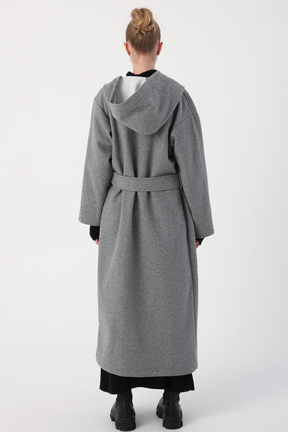 Light Gray Hooded Belted Cashew Coat