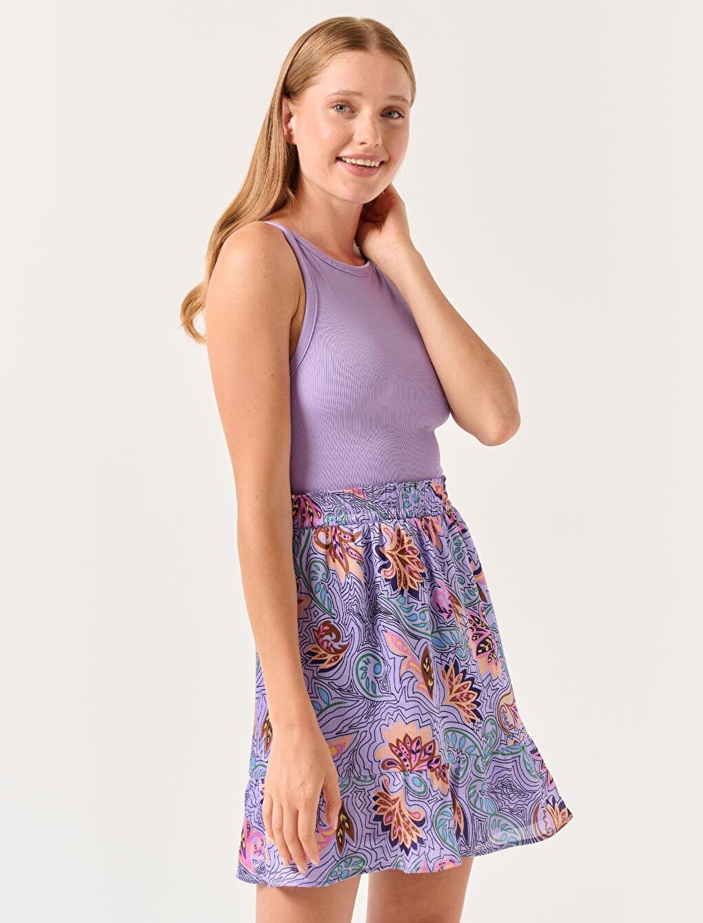 Light Purple High Waist Patterned Mini Satin Skirt