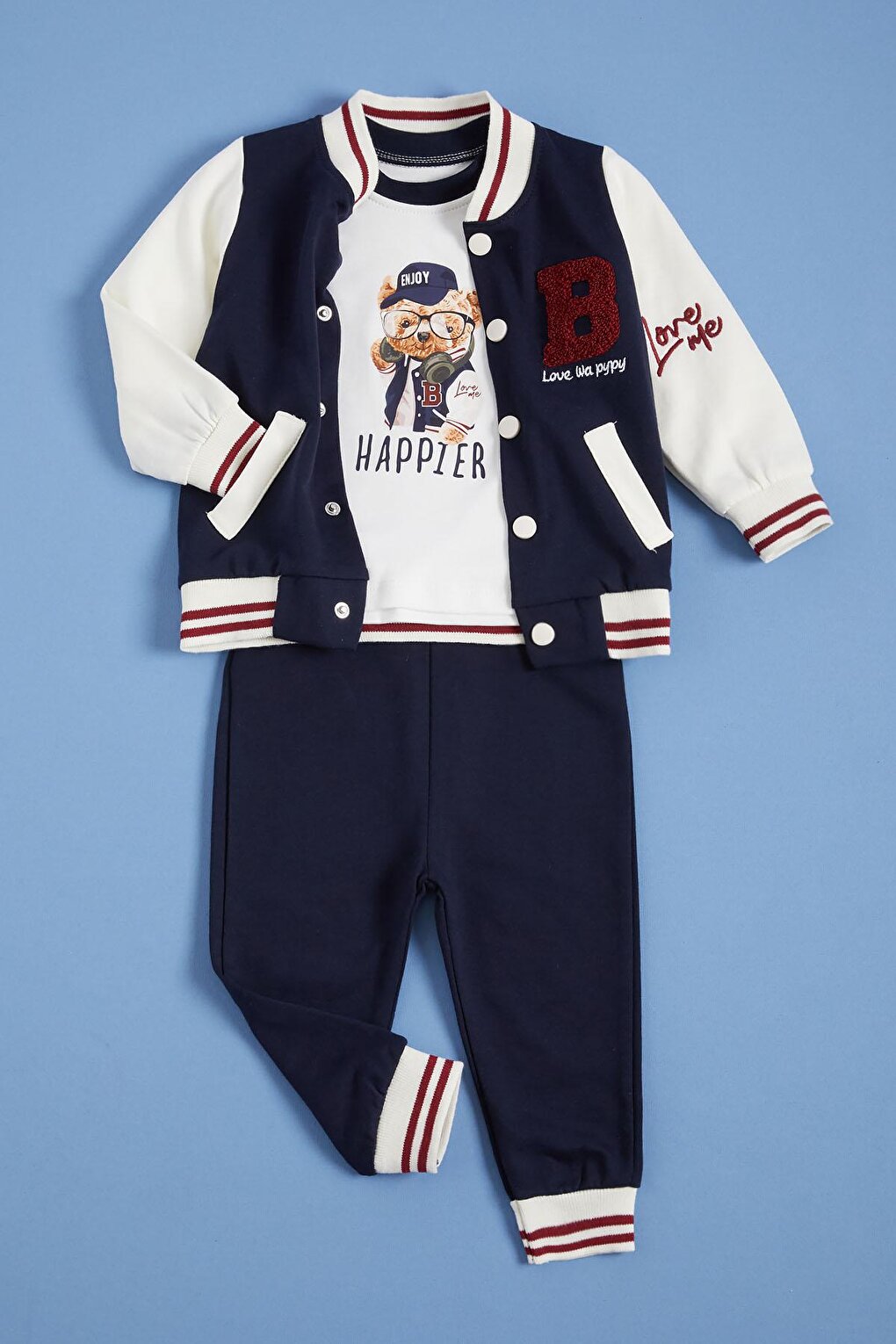 Baby Boy Navy Blue Printed College Jacket Tracksuit Set 3 Piece 16160