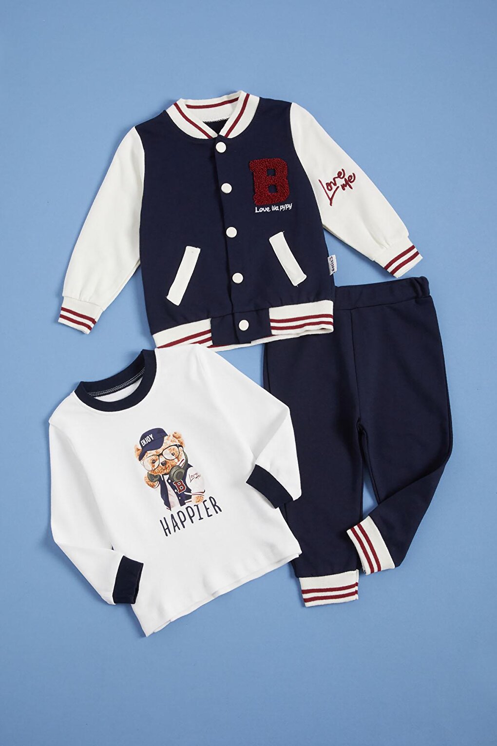 Baby Boy Navy Blue Printed College Jacket Tracksuit Set 3 Piece 16160