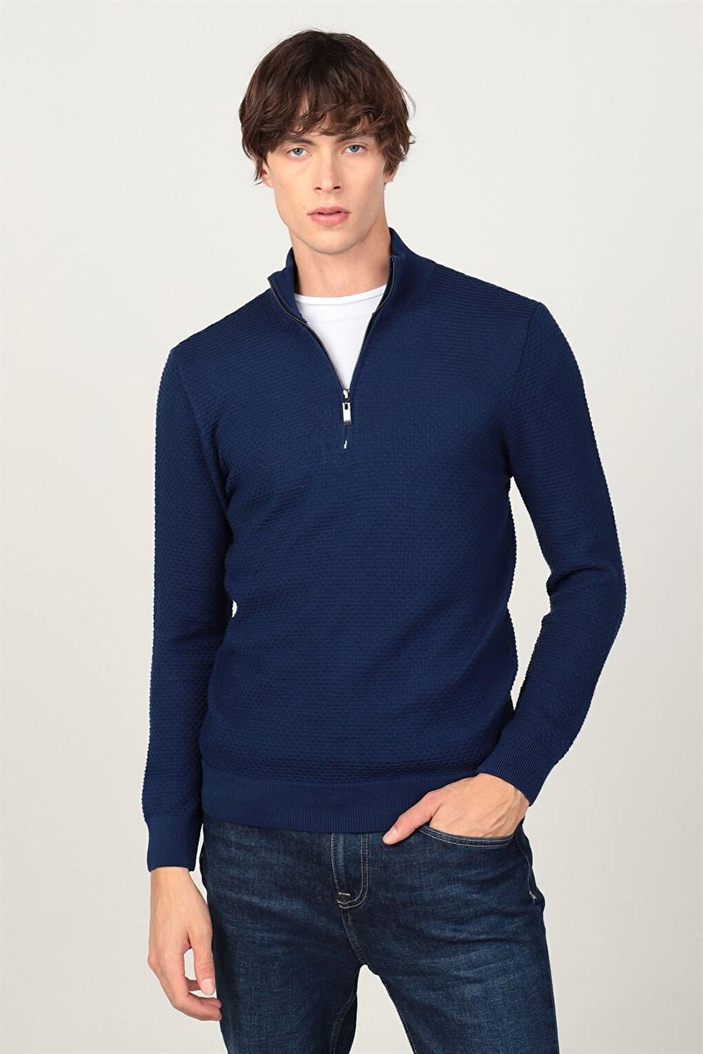 Slim Fit High Collar Zippered Men's Blue Sweater