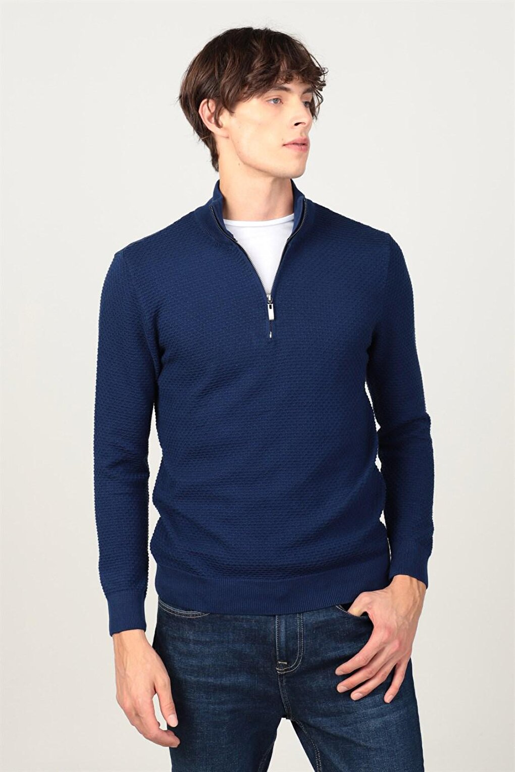 Slim Fit High Collar Zippered Men's Blue Sweater