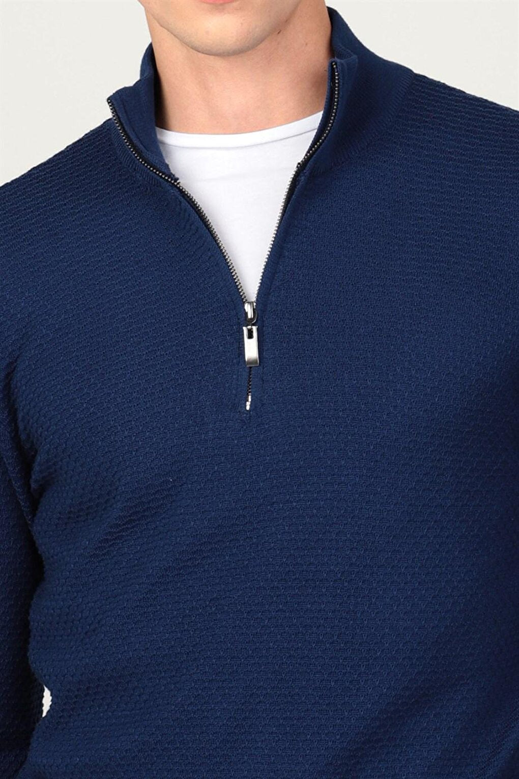 Slim Fit High Collar Zippered Men's Blue Sweater