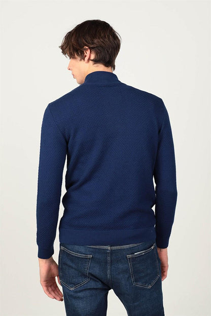 Slim Fit High Collar Zippered Men's Blue Sweater