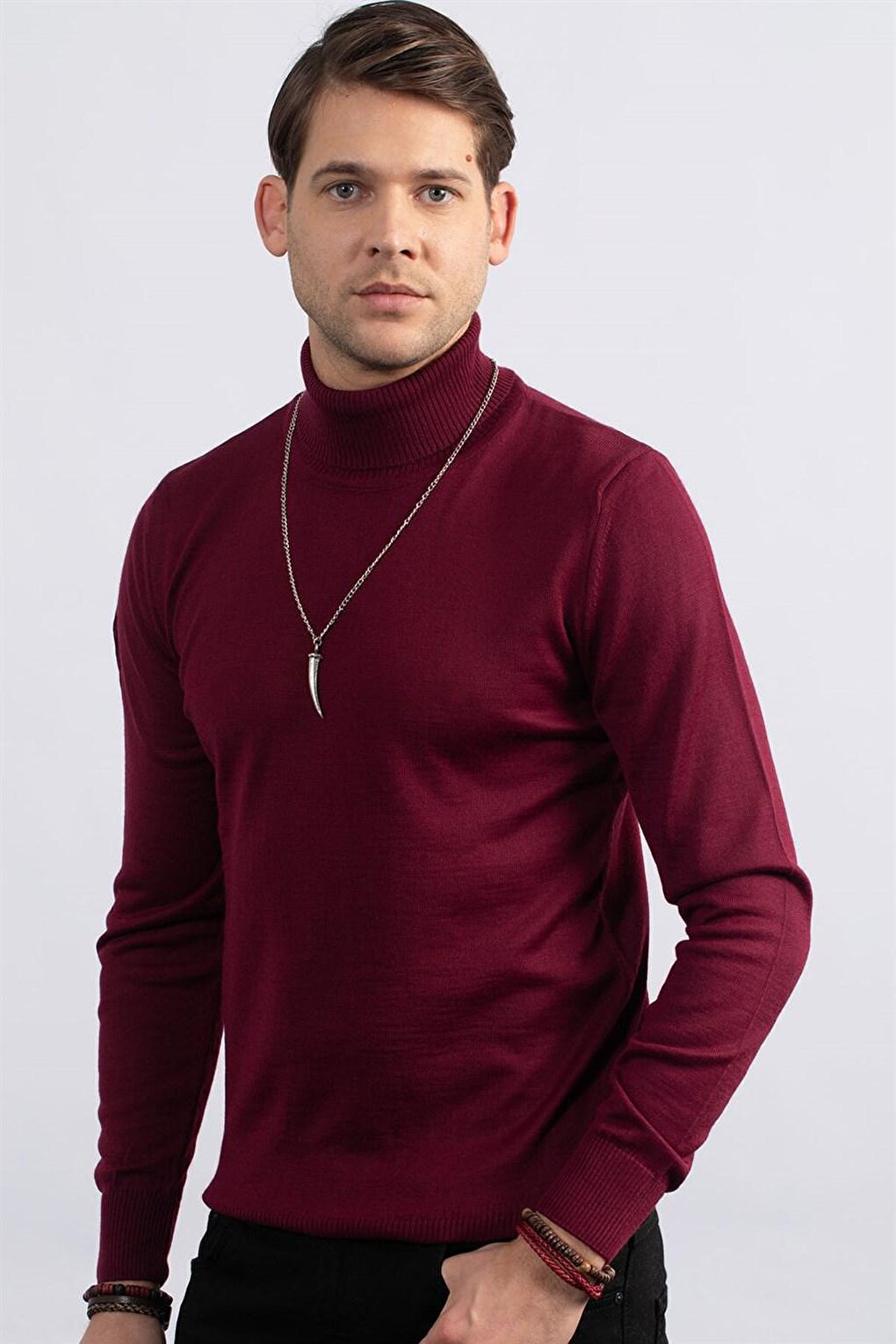 Slim Fit Full Turtle Collar Plain Wool Men's Claret Red Sweater