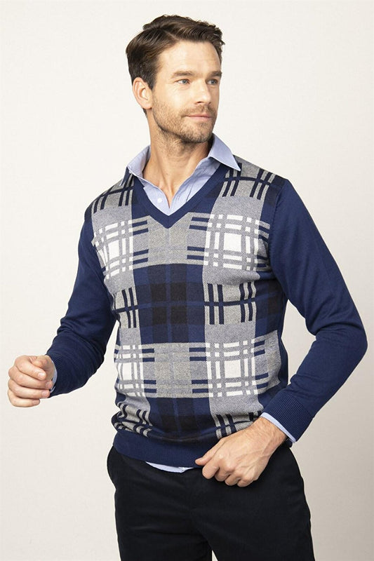 Slim Fit V-Neck Checked Men's Sax Blue Sweater