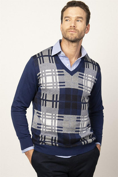 Slim Fit V-Neck Checked Men's Sax Blue Sweater