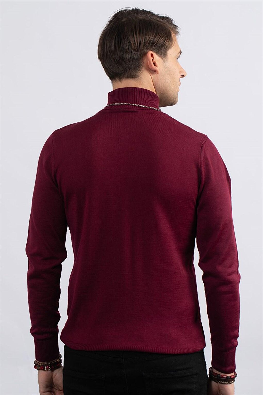 Slim Fit Full Turtle Collar Plain Wool Men's Claret Red Sweater