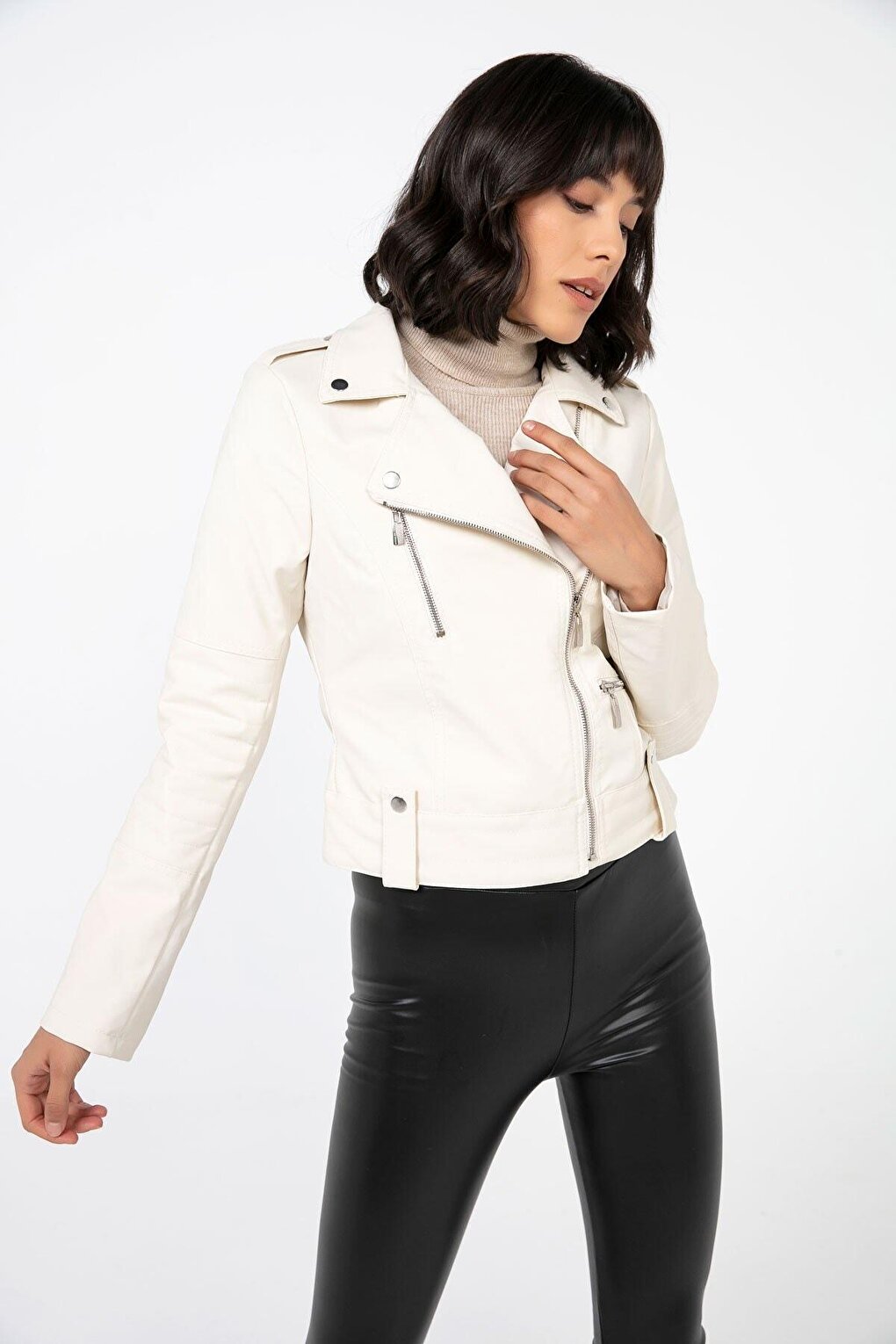 Women's Ecru Short Faux Leather Lined Biker Jacket HZL22W-BD110251