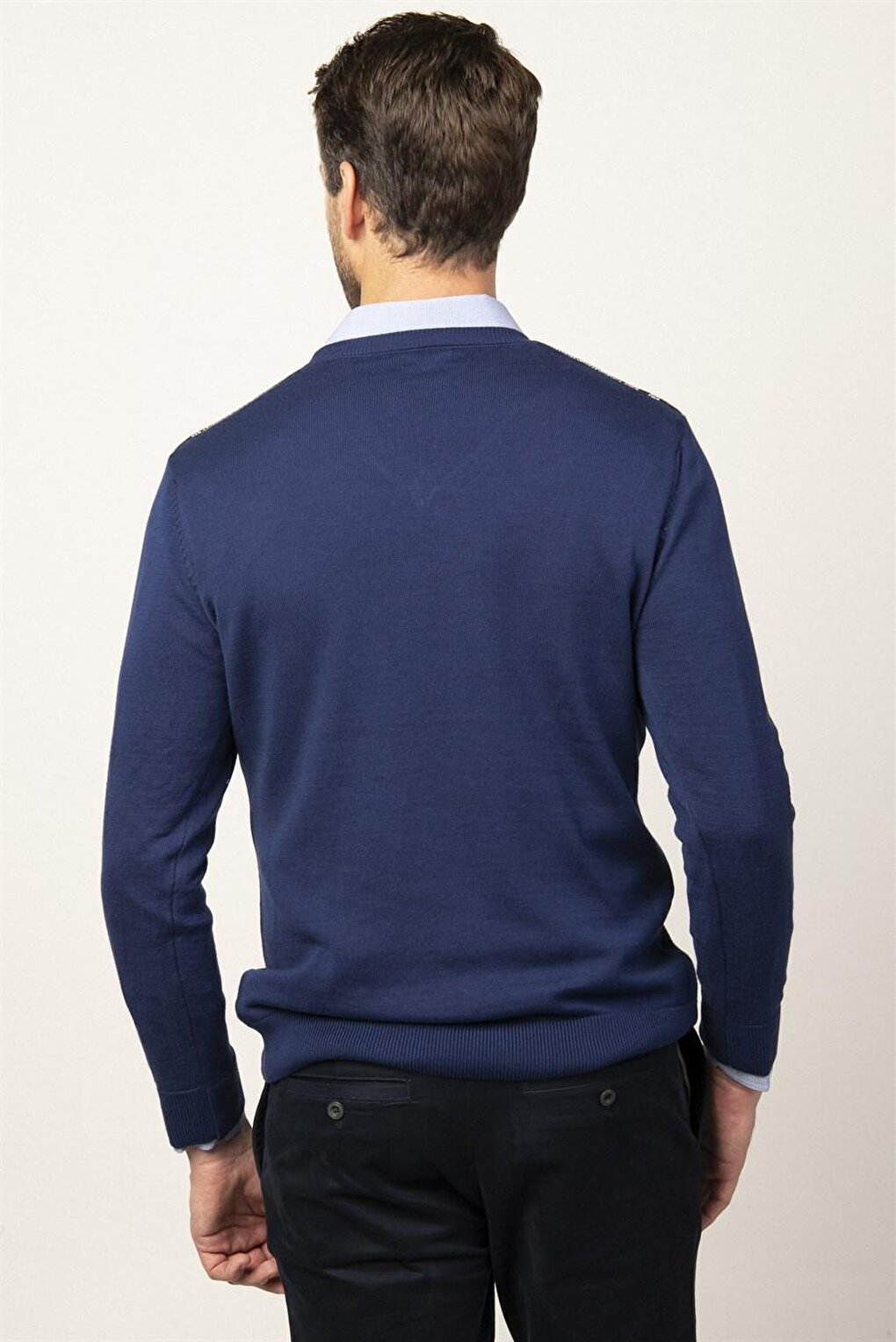 Slim Fit V-Neck Checked Men's Sax Blue Sweater