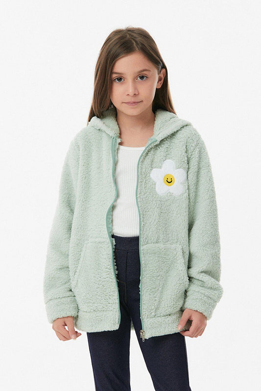 Flower Embroidered Zippered Plush Sweatshirt for Girls