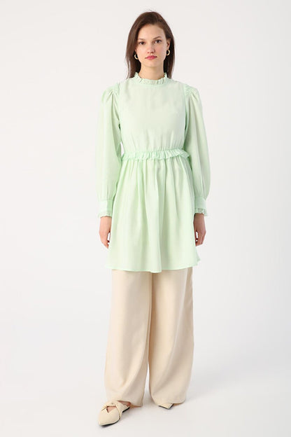 Turquoise Ruffle Detailed Gathered Waist Tunic