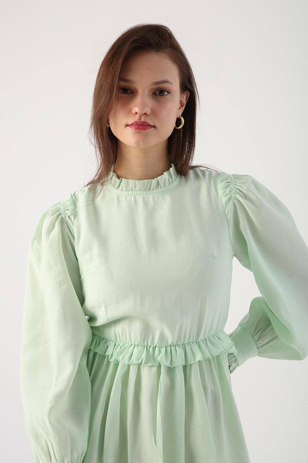 Turquoise Ruffle Detailed Gathered Waist Tunic