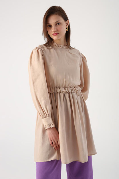 Beige Ruffle Detailed Gathered Waist Tunic