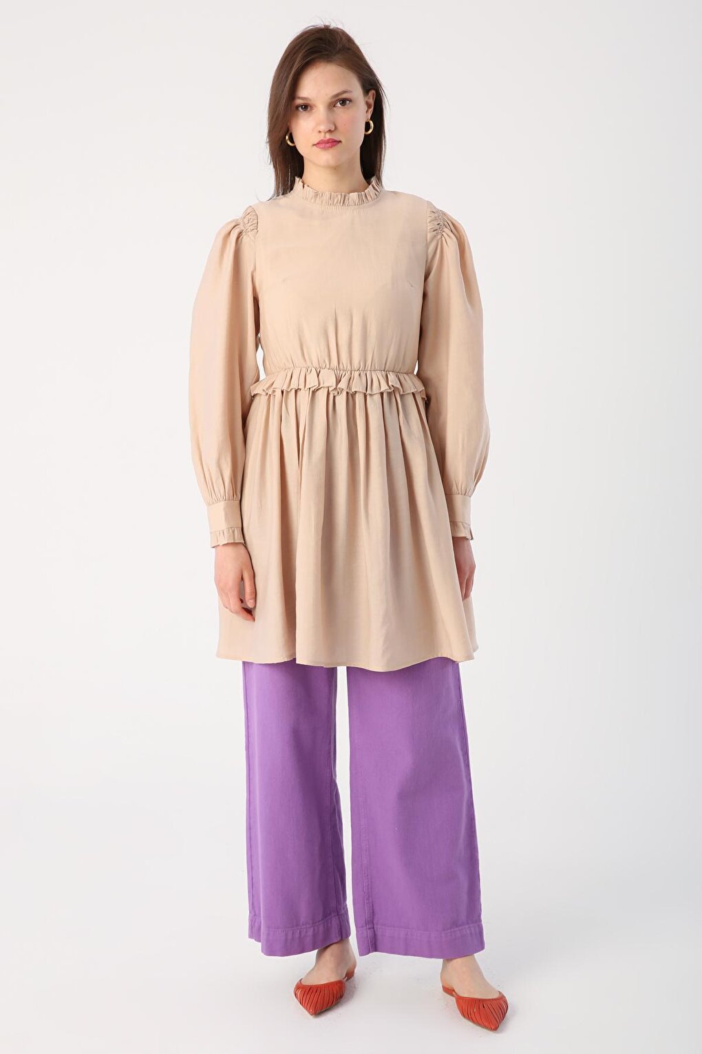 Beige Ruffle Detailed Gathered Waist Tunic