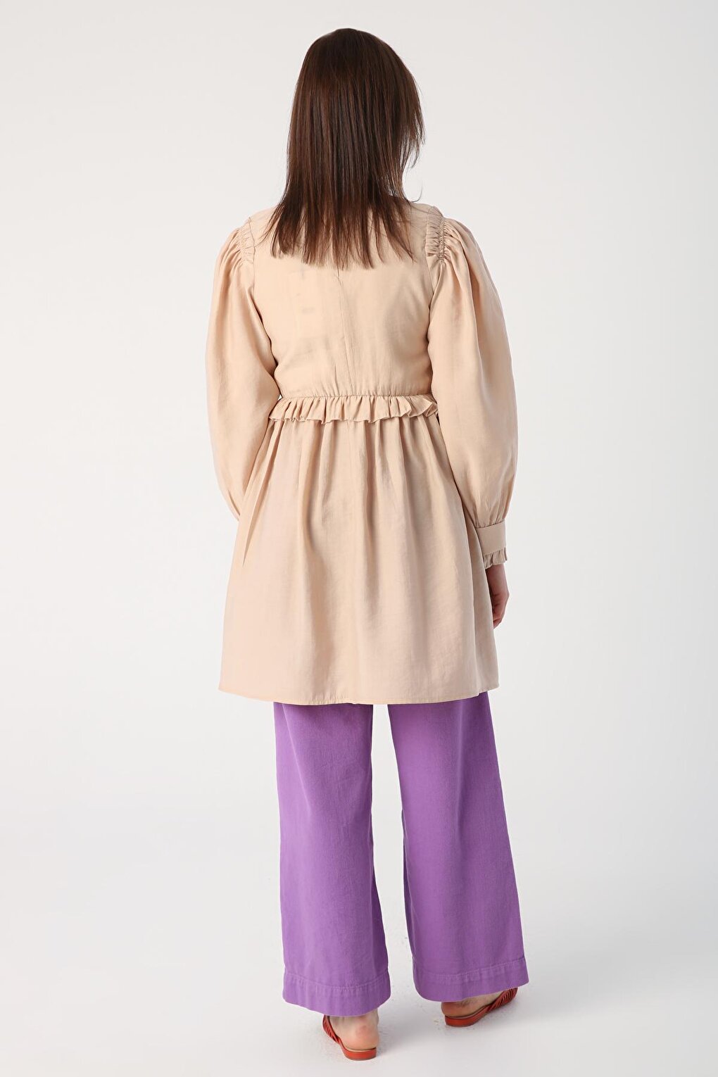 Beige Ruffle Detailed Gathered Waist Tunic