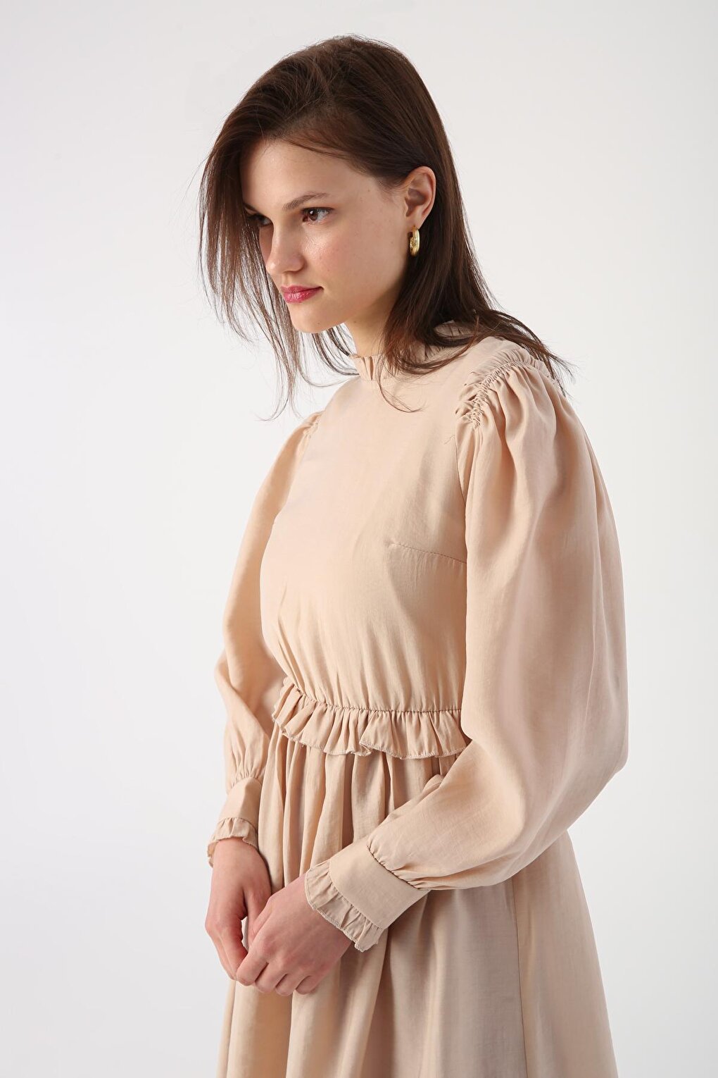 Beige Ruffle Detailed Gathered Waist Tunic