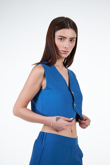 Blue Women's Linen Look Crop Vest - Rebeca