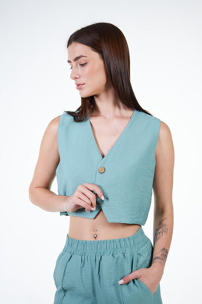 Green Women's Linen Look Crop Classic Vest