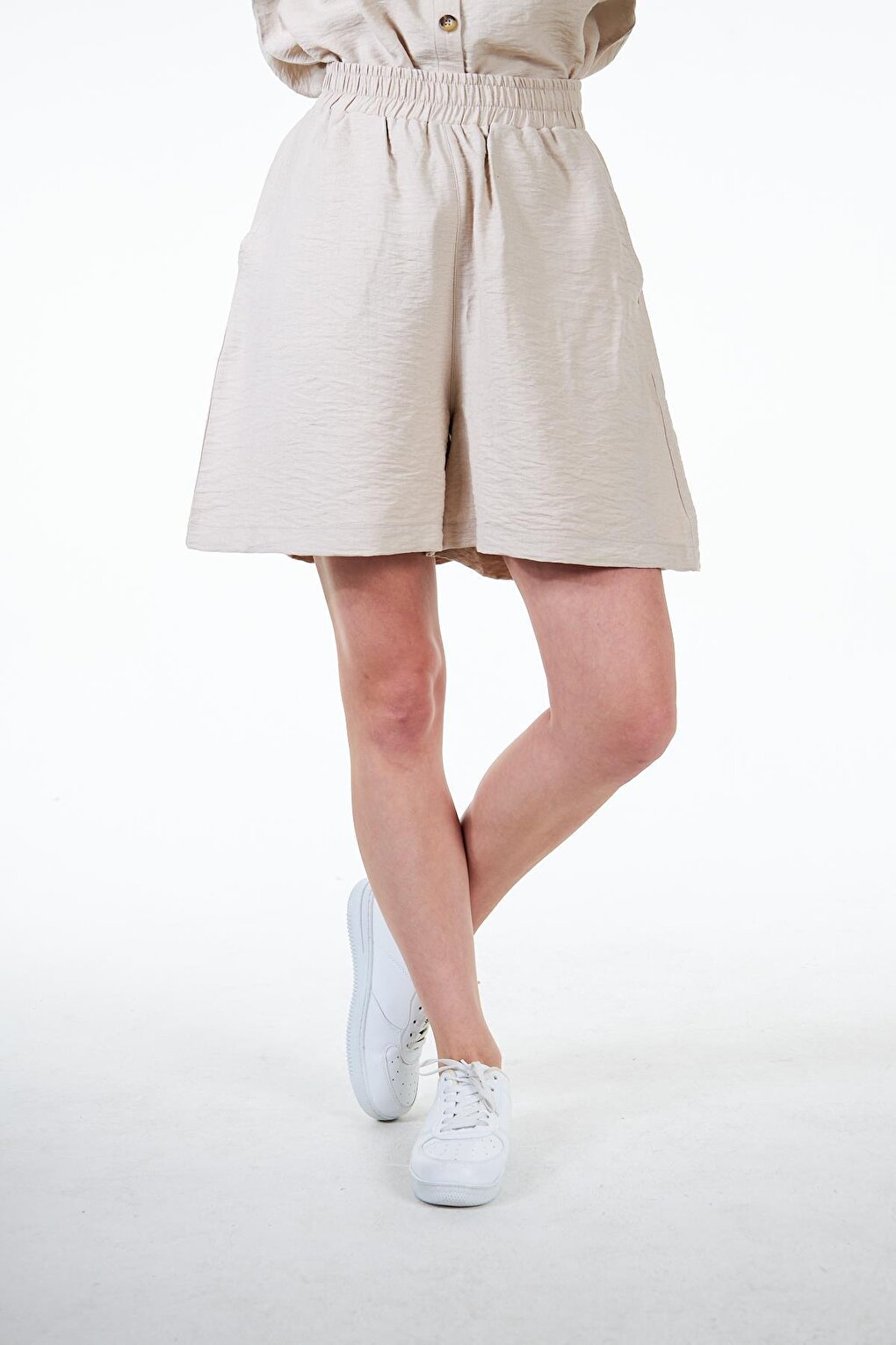 Beige Women's Woven Linen Look Comfortable Fit Shorts - Noe