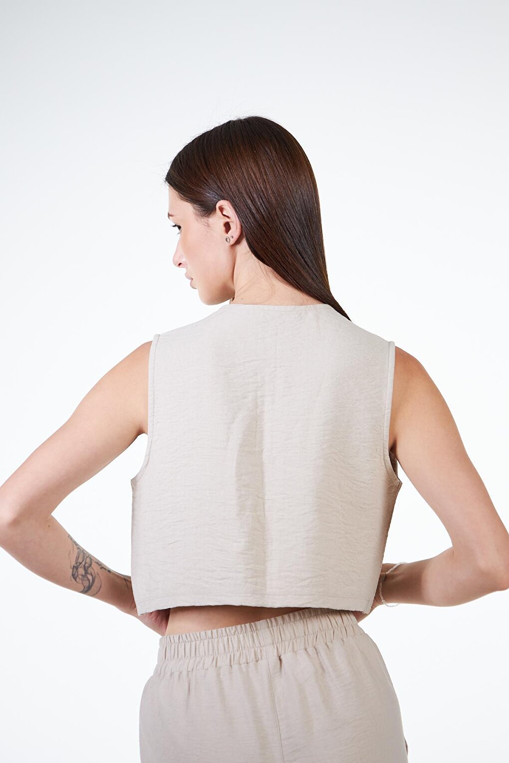 Beige Women's Linen Look Crop Vest - Rebeca