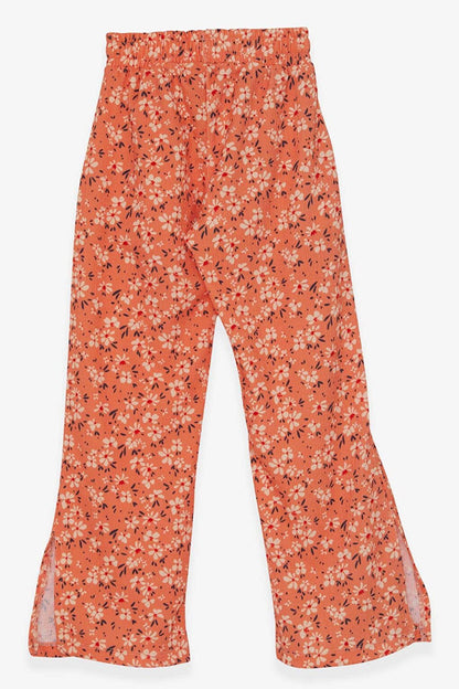 Girl's Trousers, Floral Patterned, Orange with Slit on the Leg (Age 8-12)