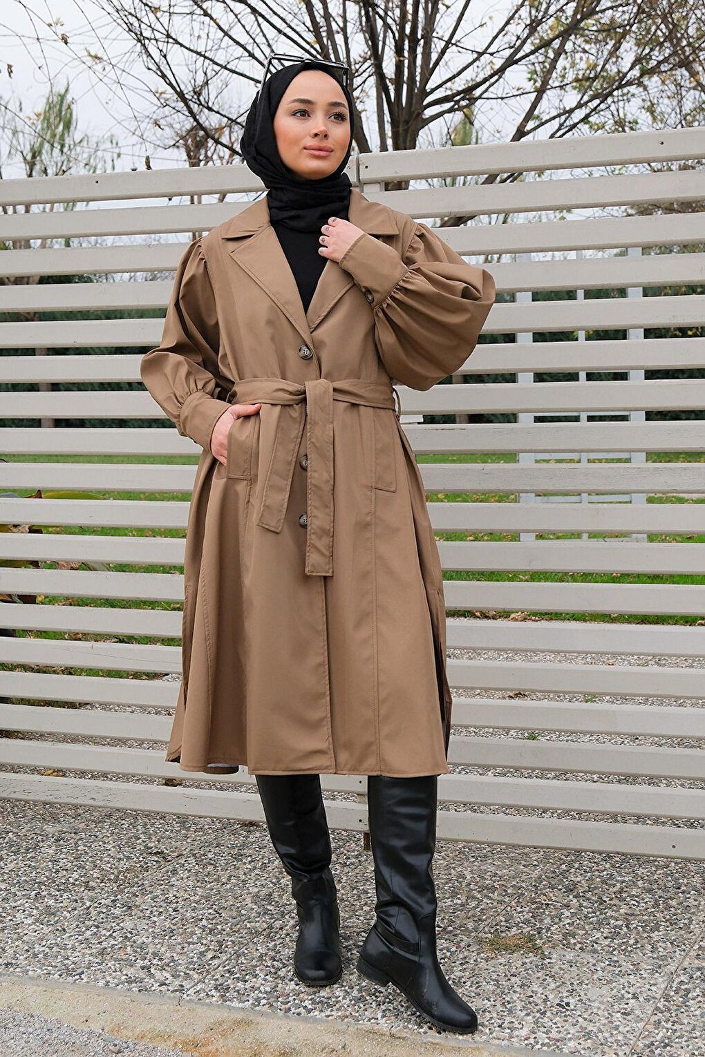 Water Repellent Sleeve Gathered Trench Coat Mink