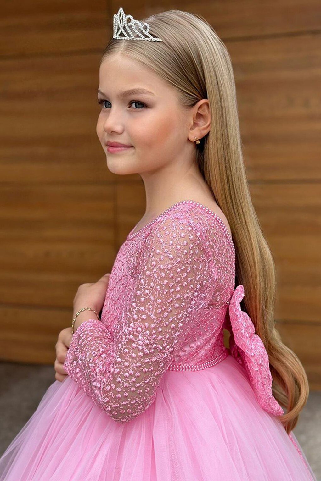 Girl's Pink Evening Dress with Transparent Collar and Sleeves, Low-cut Back and Pearls at the Waist