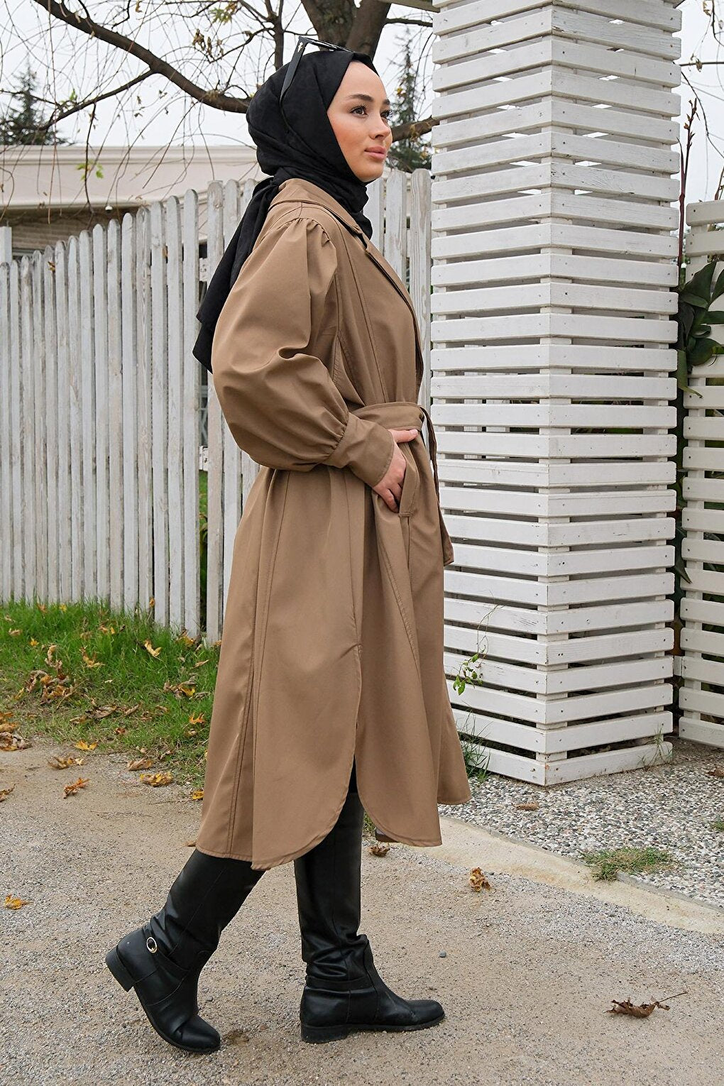 Water Repellent Sleeve Gathered Trench Coat Mink