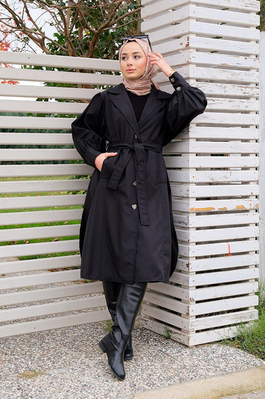 Water Repellent Sleeve Gathered Trench Coat Black